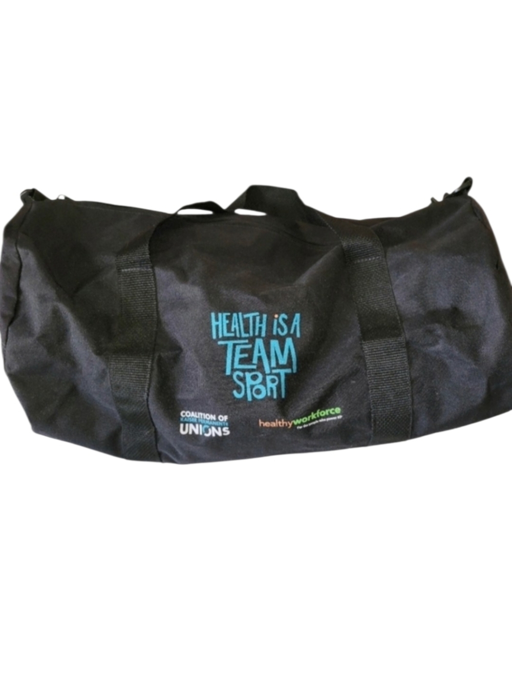 "Health Is A Team Sport" Duffle Bag Roomy Black Canvas Large 19" x 9"